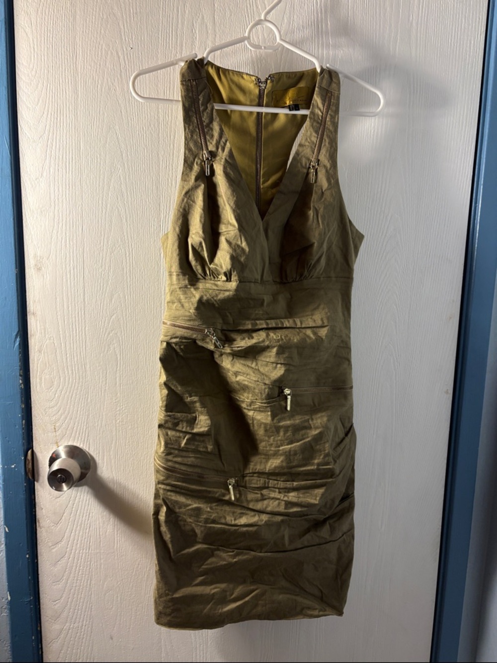 Nicole Miller Olive Green Sleeveless Zip-Accent Midi Dress